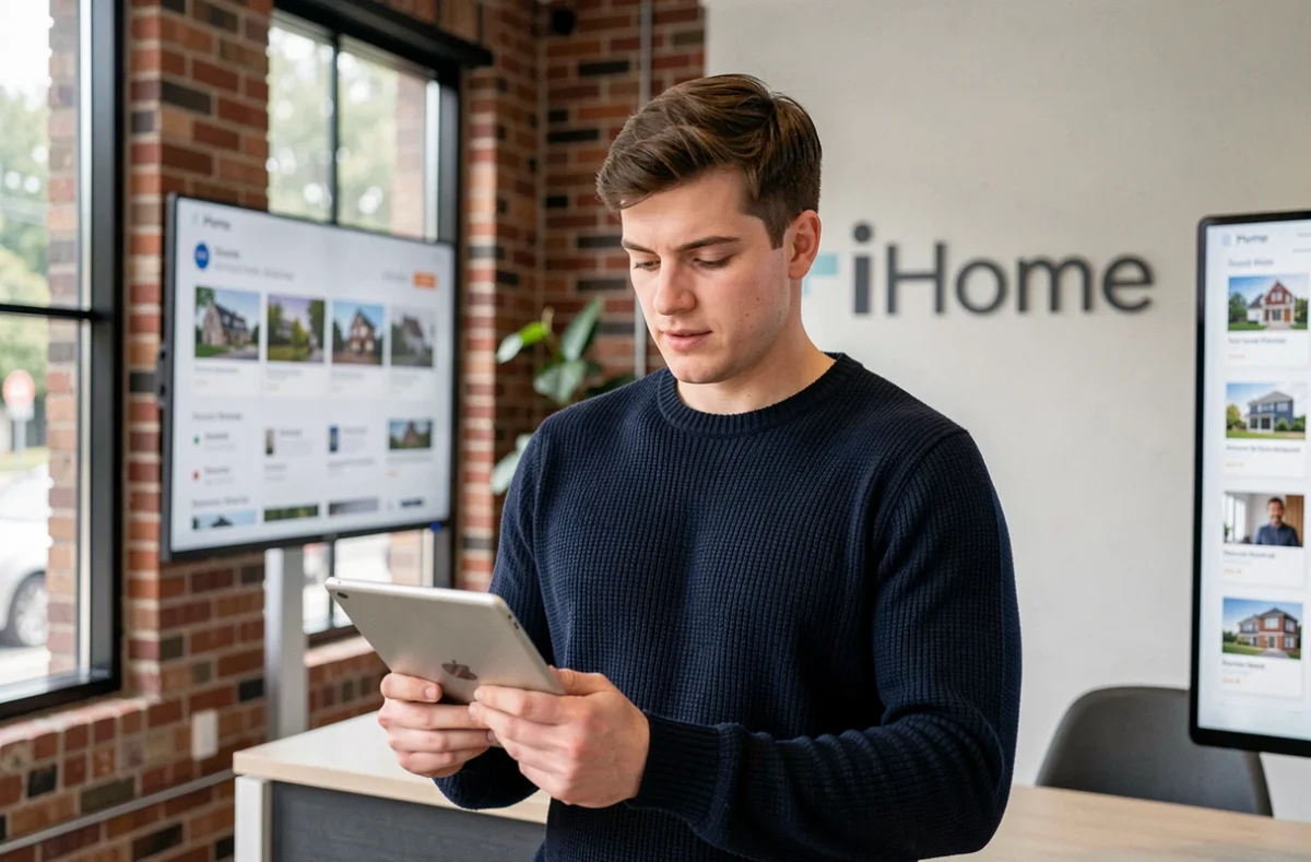 Consultant iHome dans un espace de travail moderne et digital présentant des annonces immobilières sur tablette