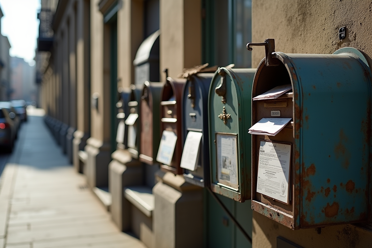 Rue de la ville avec immeuble ancien et boîtes aux lettres pleines de courrier