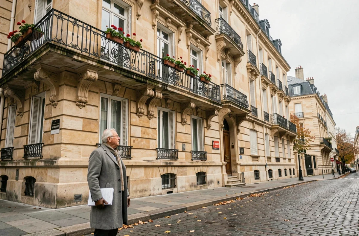 Homme retraité observant un immeuble haussmannien à vendre dans le cadre d'un investissement en viager mutualisé