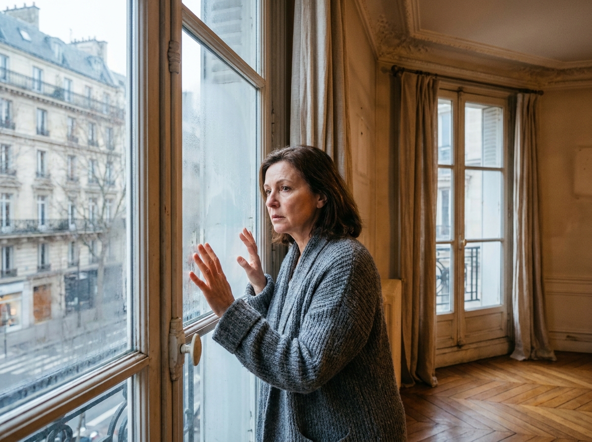 Femme d'âge mûr vérifiant les infiltrations d'air froid autour d'une vieille fenêtre à guillotine dans un appartement haussmannien