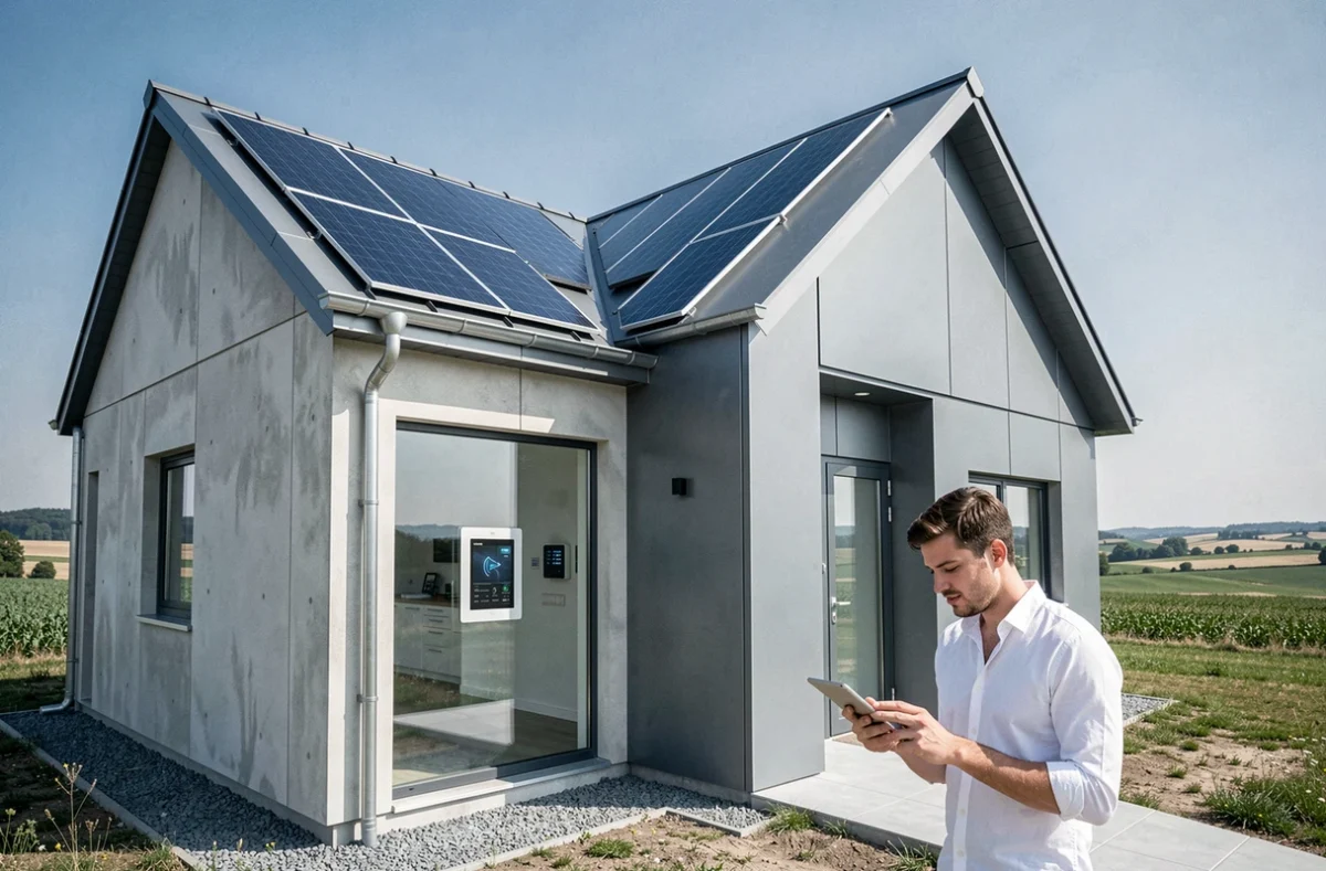 Maison innovante à ossature modulaire et tuiles photovoltaïques intégrées réalisée par InnoValys dans le Haut-Rhin, avec ingénieur consultant une tablette en façade