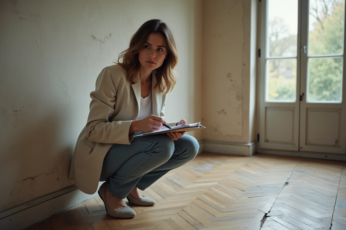 Femme inspectant une fissure murale lors de la visite d'une maison à louer