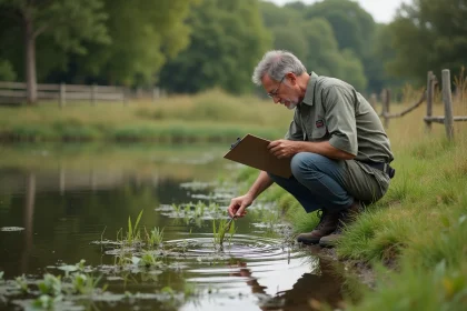 Homme d'&acirc;ge moyen inspectant la nature au bord d'un &eacute;tang