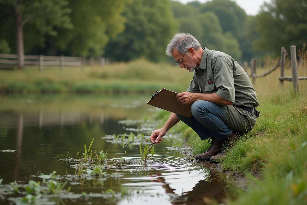 Homme d'âge moyen inspectant la nature au bord d'un étang