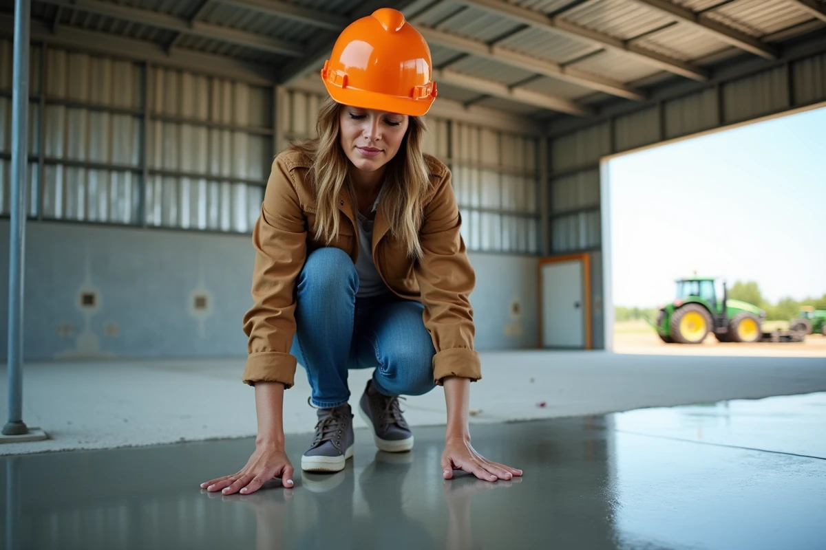 Gestionnaire vérifiant sol en intérieur de hangar agricole