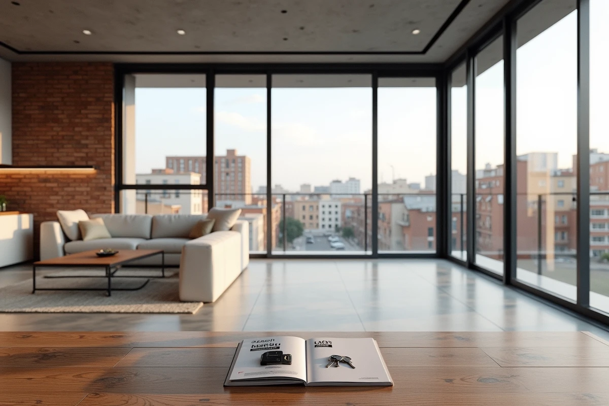 Intérieur d'un appartement moderne à louer dans le quartier Poblenou de Barcelone, avec vue panoramique sur les toits et clés de location sur la table