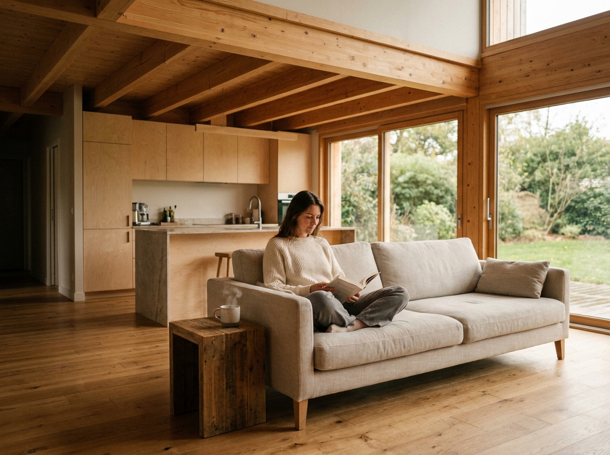 Intérieur chaleureux d'une maison en bois à Nantes avec poutres apparentes en lamellé-collé et sol en chêne massif