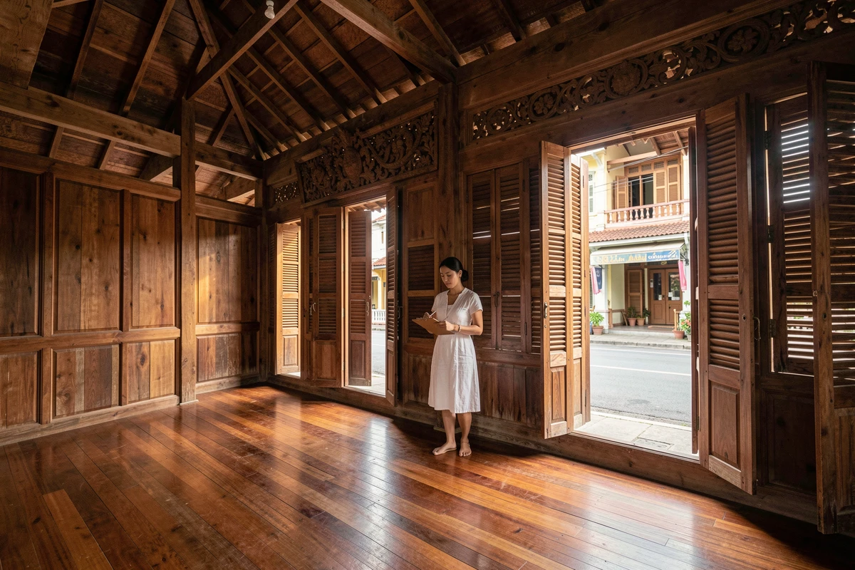 Intérieur d'une maison en bois traditionnel thaïlandais à vendre dans le vieux Phuket avec parquet en teck et panneaux sculptés
