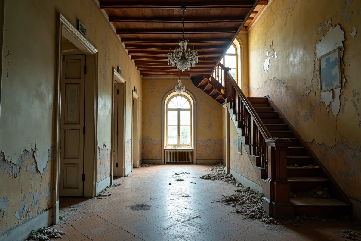 Couloir intérieur délabré d'un manoir à rénover avec escalier abîmé, parquet gondolé et murs en mauvais état