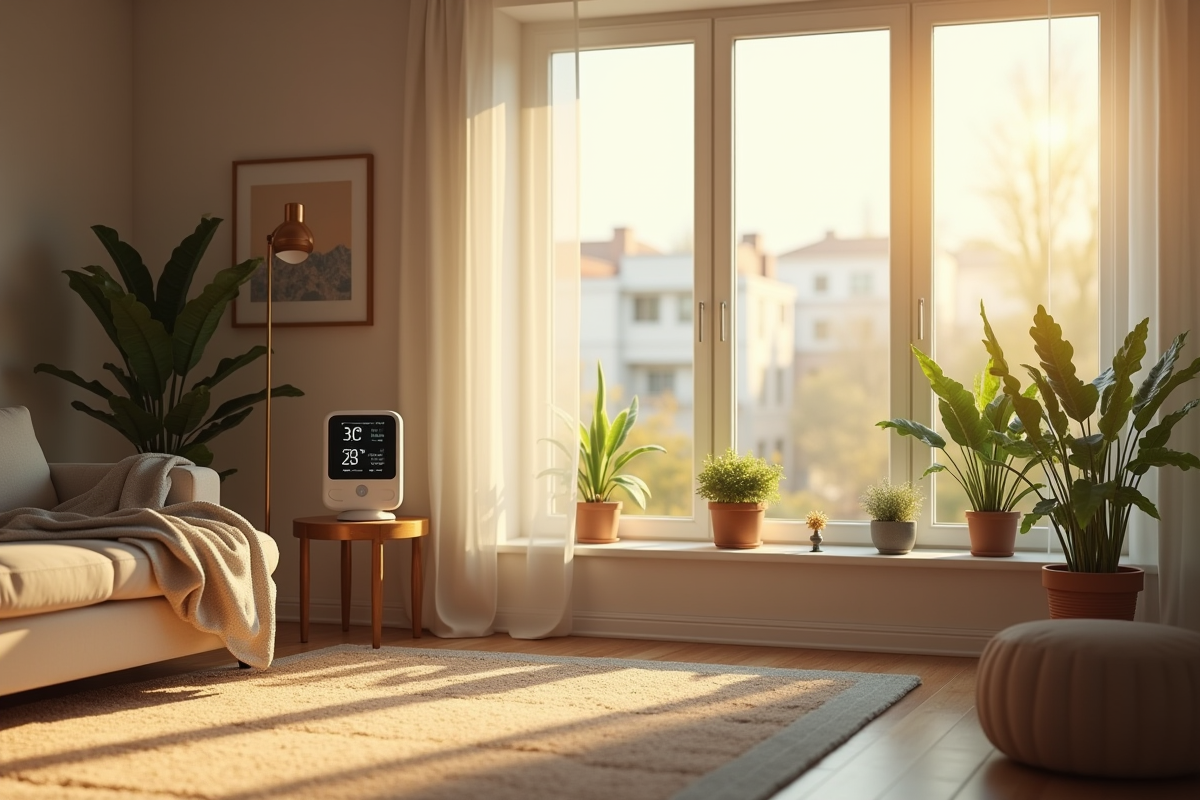 Salon lumineux avec moniteur d énergie solaire et plantes