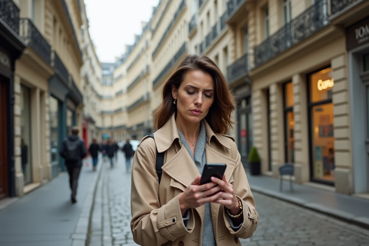 Femme évaluant une annonce immobilière devant une agence Orpi dans un quartier haussmannien de Paris