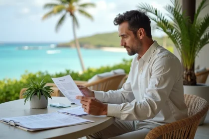 Investisseur immobilier étudiant des documents à une terrasse avec vue sur la côte de l'île Maurice