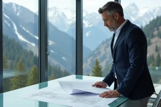 Investisseur immobilier en Andorre consultant des plans de propriété dans un bureau moderne avec vue sur les Pyrénées