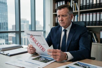 Investisseur immobilier tenant un document de faillite dans un bureau moderne, expression préoccupée