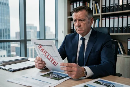 Investisseur immobilier tenant un document de faillite dans un bureau moderne, expression préoccupée