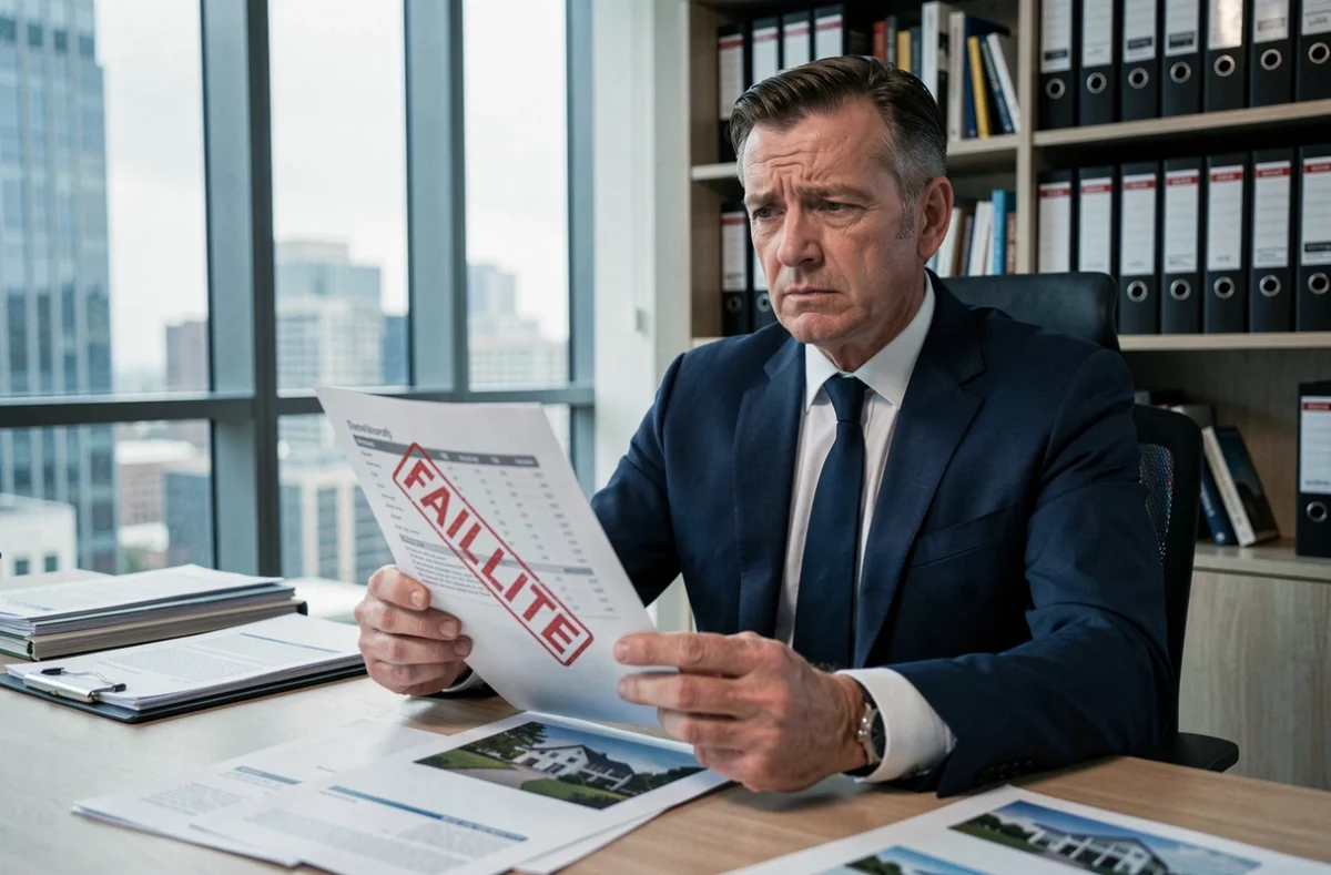 Investisseur immobilier tenant un document de faillite dans un bureau moderne, expression préoccupée
