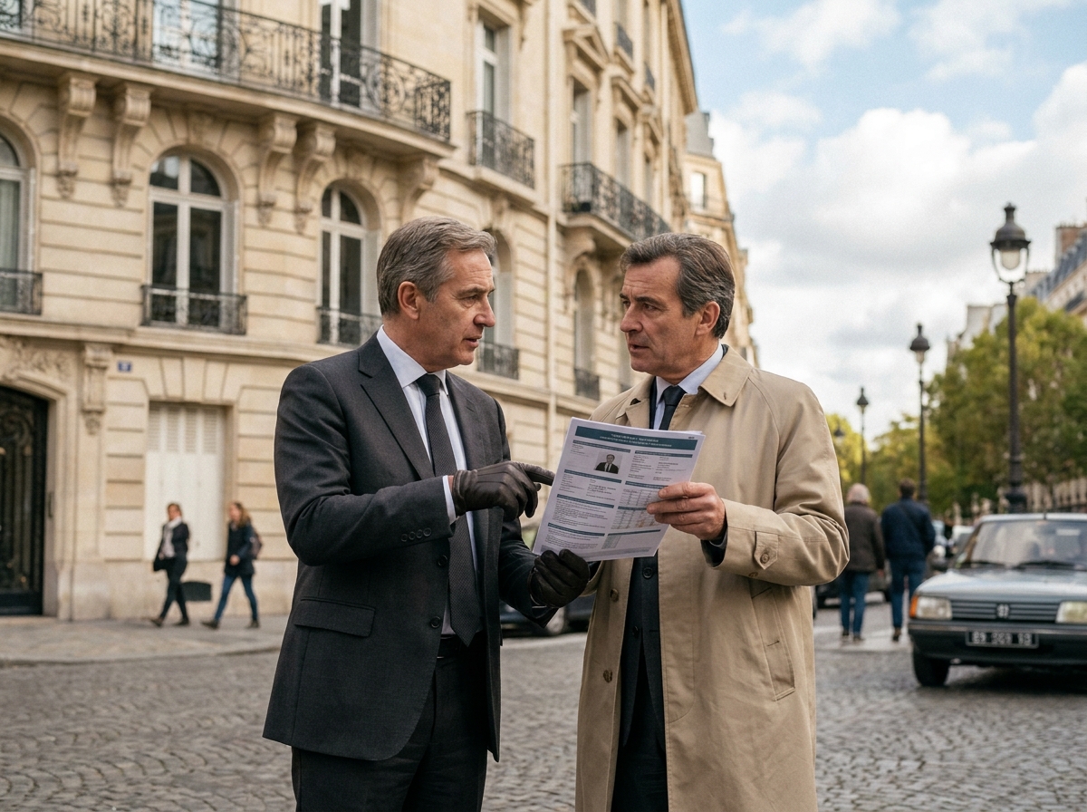 Deux investisseurs immobiliers professionnels discutant d'un rapport d'expertise devant un immeuble haussmannien à Paris