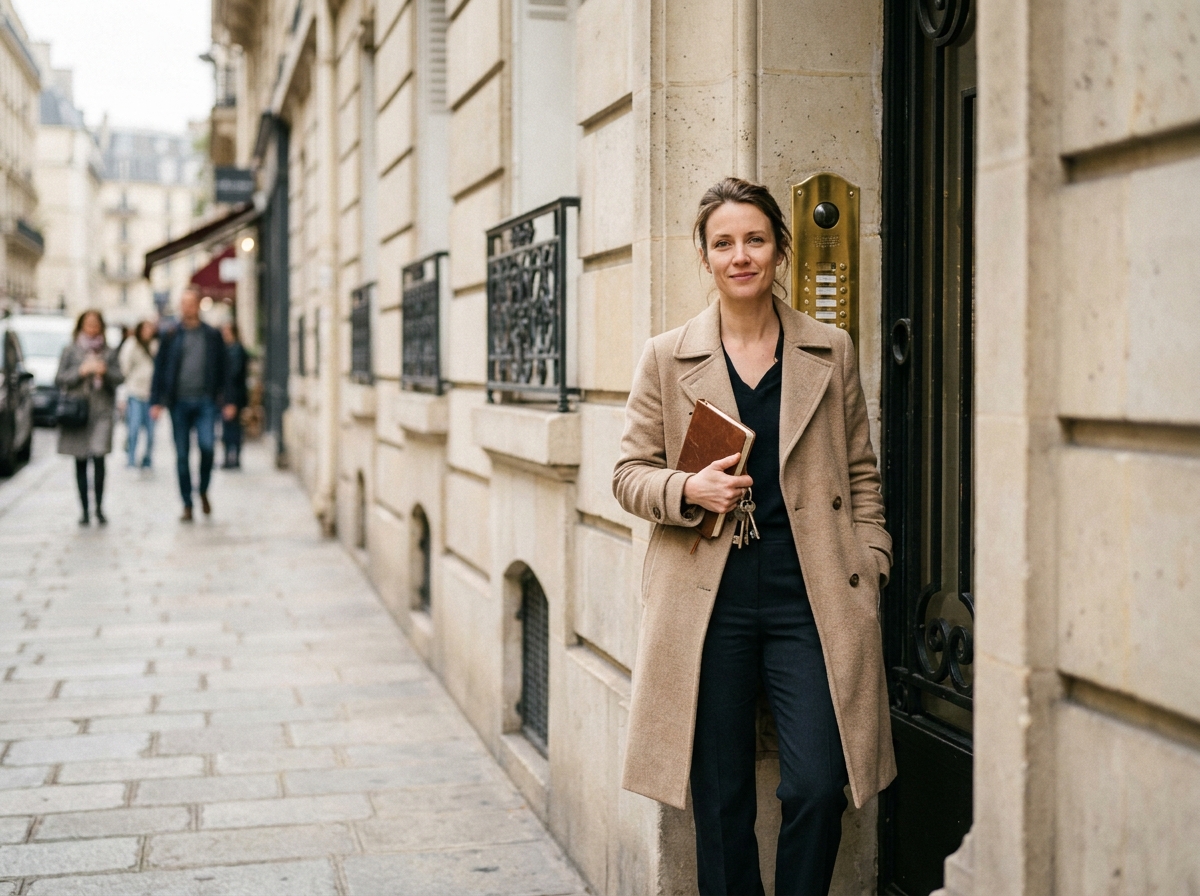 Investisseuse immobilière devant un immeuble haussmannien à Paris tenant les clés d'un appartement meublé