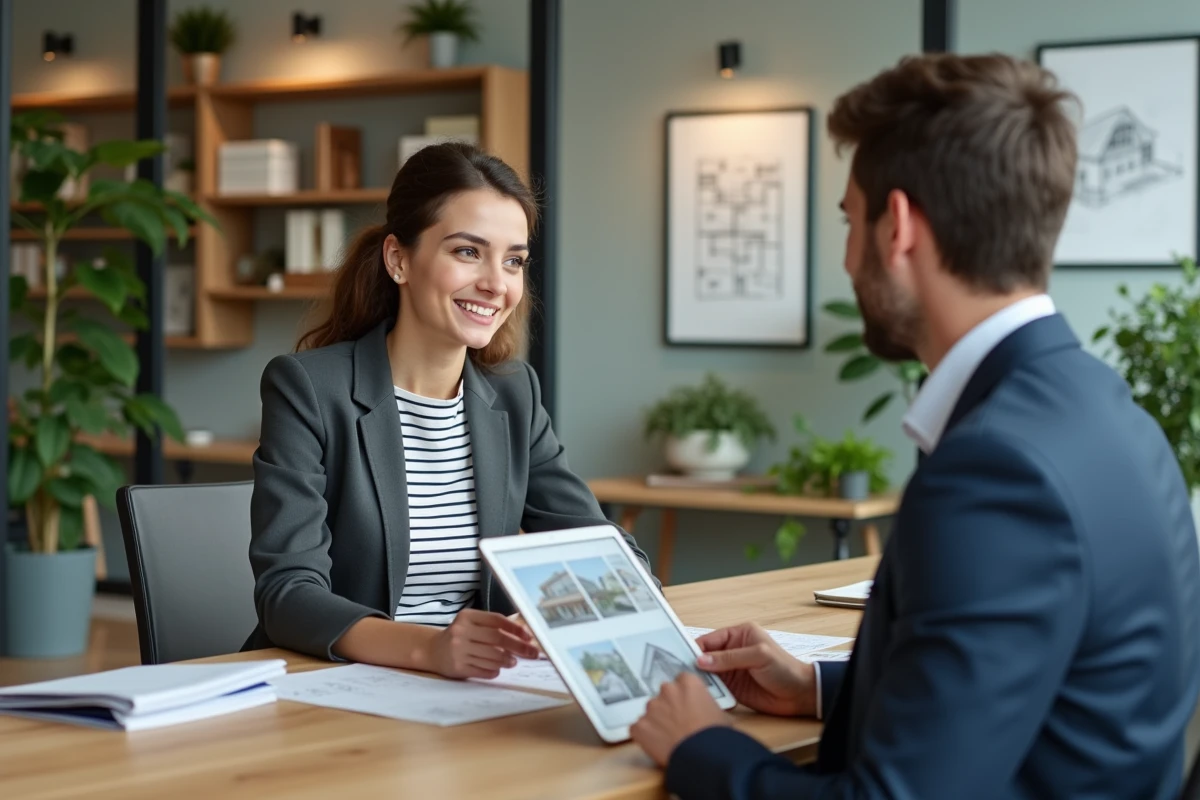 Jeune femme en réunion avec un agent immobilier dans une agence moderne, illustrant le processus d'achat immobilier pour les jeunes acquéreurs