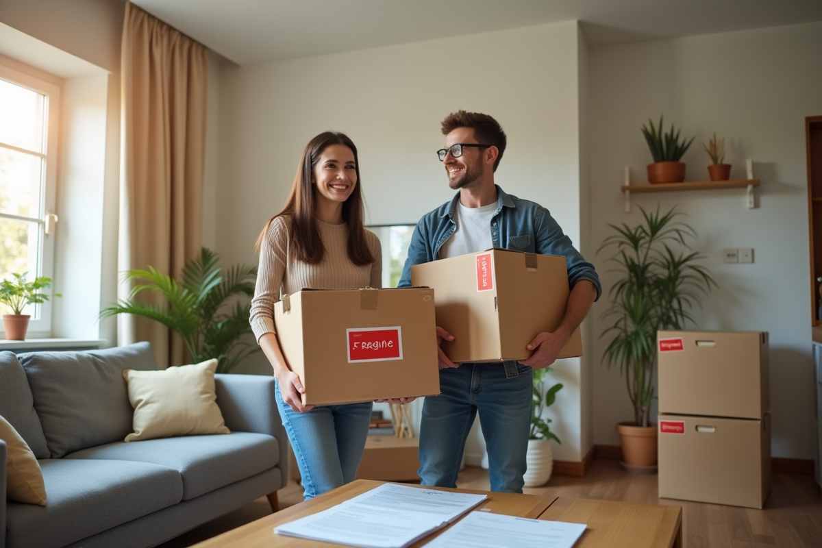 Jeune couple souriant avec cartons dans un salon ensoleille
