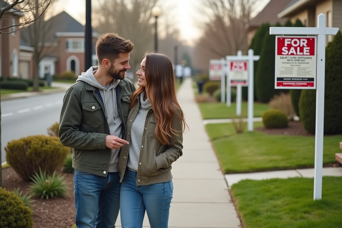 Jeune couple discute devant une maison avec panneau a vendre