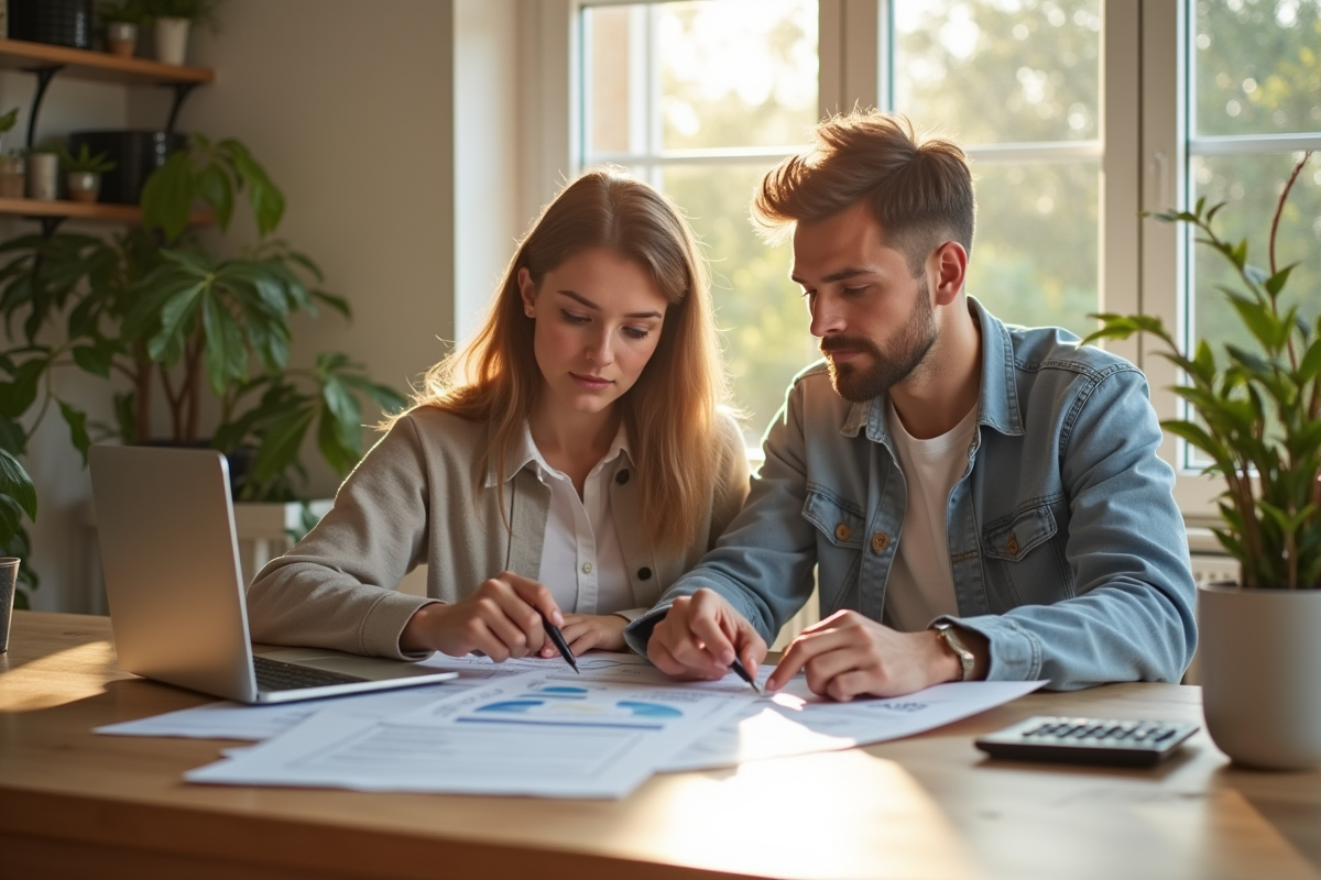 Couple jeune planifiant un achat immobilier au matin