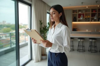 Jeune femme professionnelle examine un appartement à Abidjan