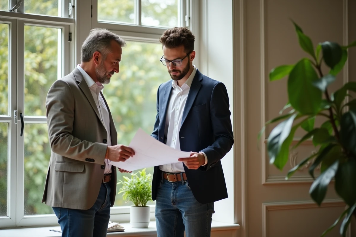 Jeune homme et agent immobilier regardant des plans dans un int&eacute;rieur &eacute;l&eacute;gant