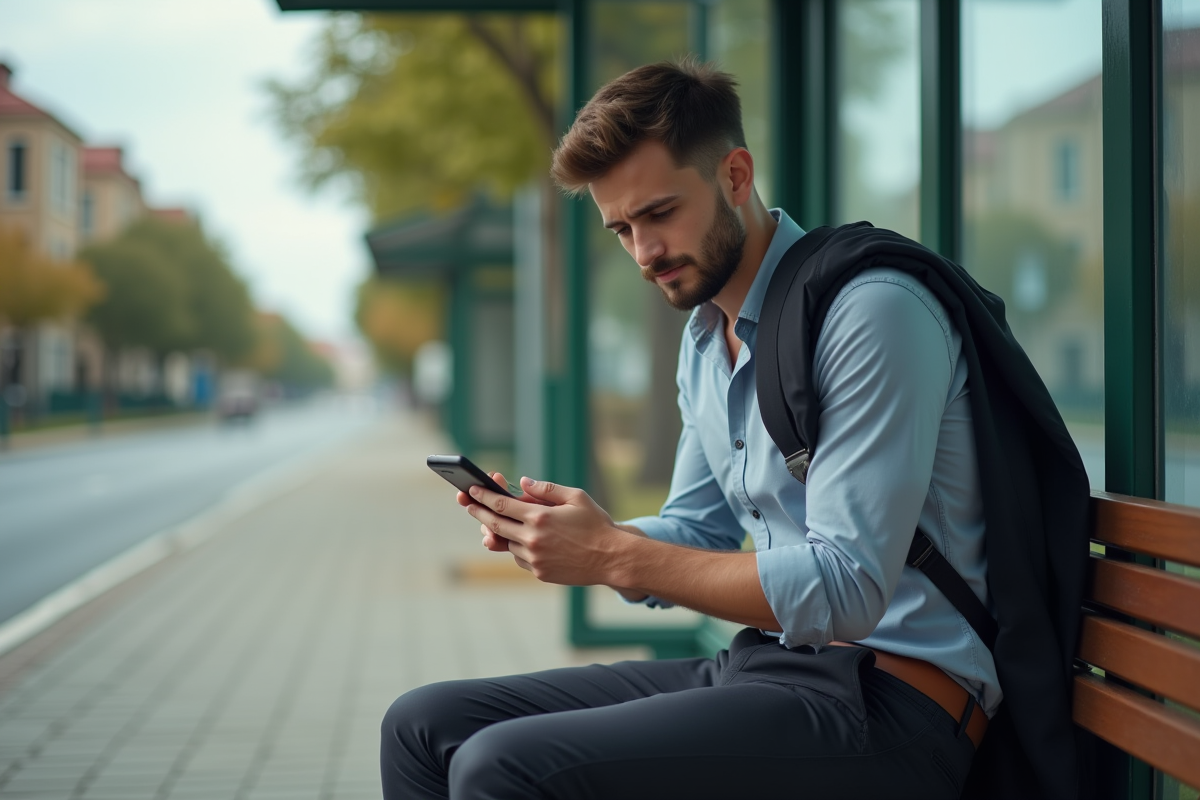 Jeune homme en veste assis sur un banc près d