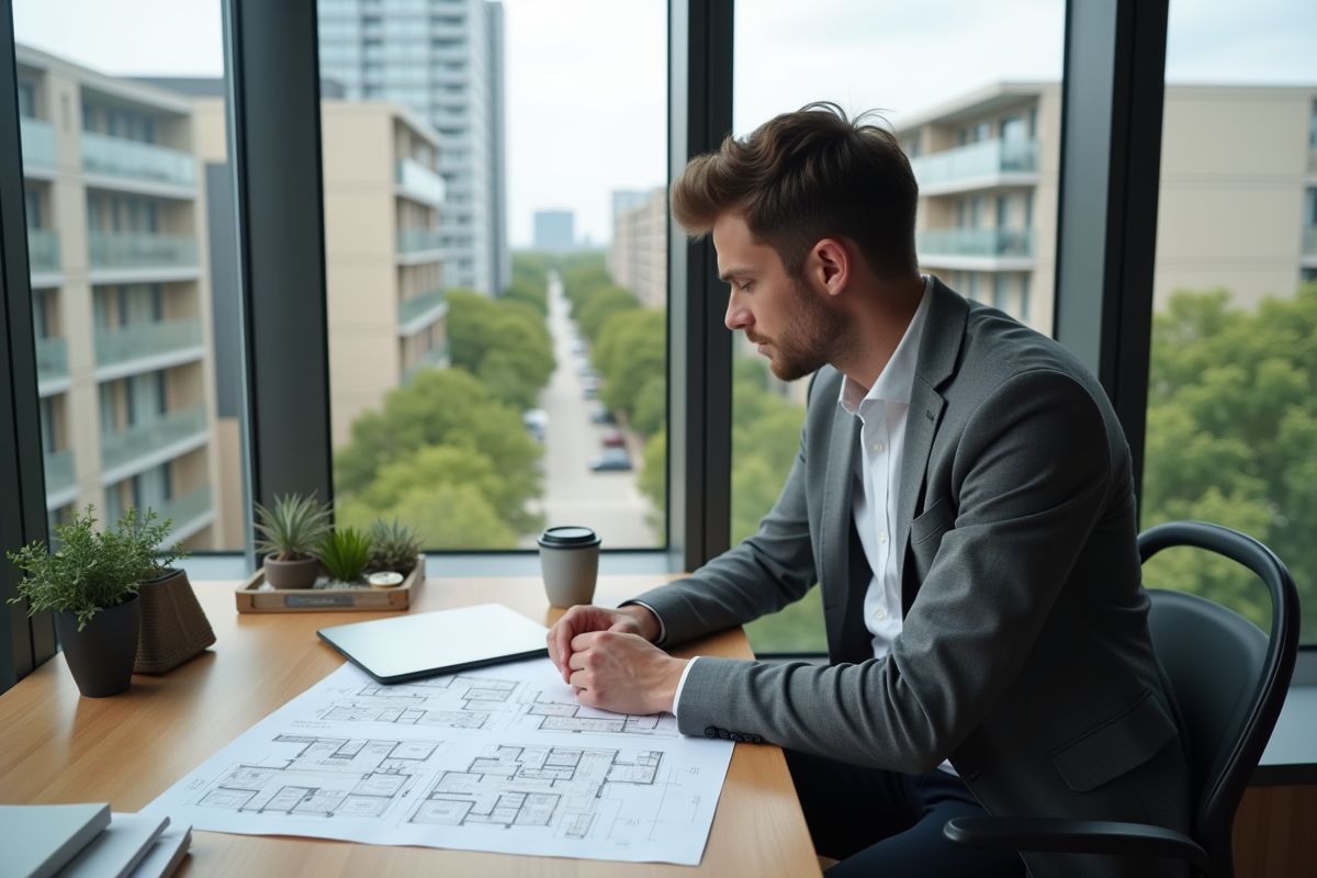 Jeune homme étudie plans et documents dans un appartement