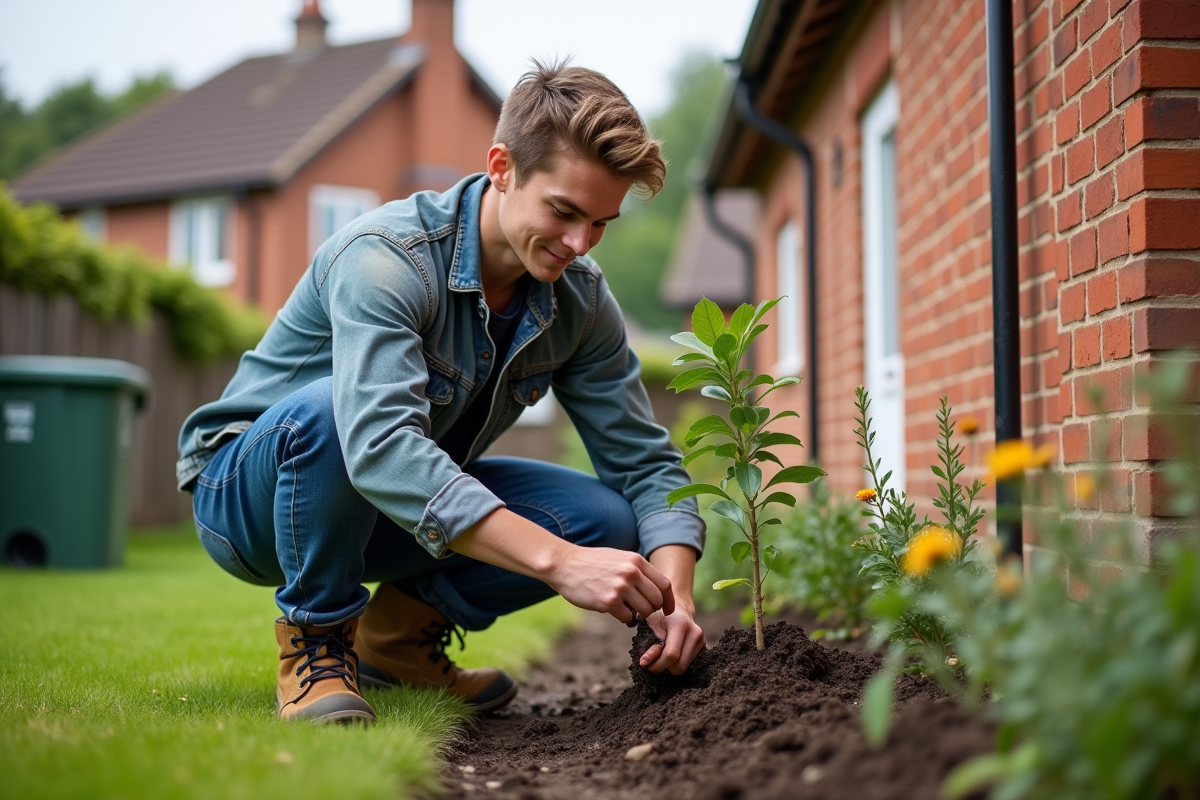 Jeune homme plantant un arbre dans le jardin
