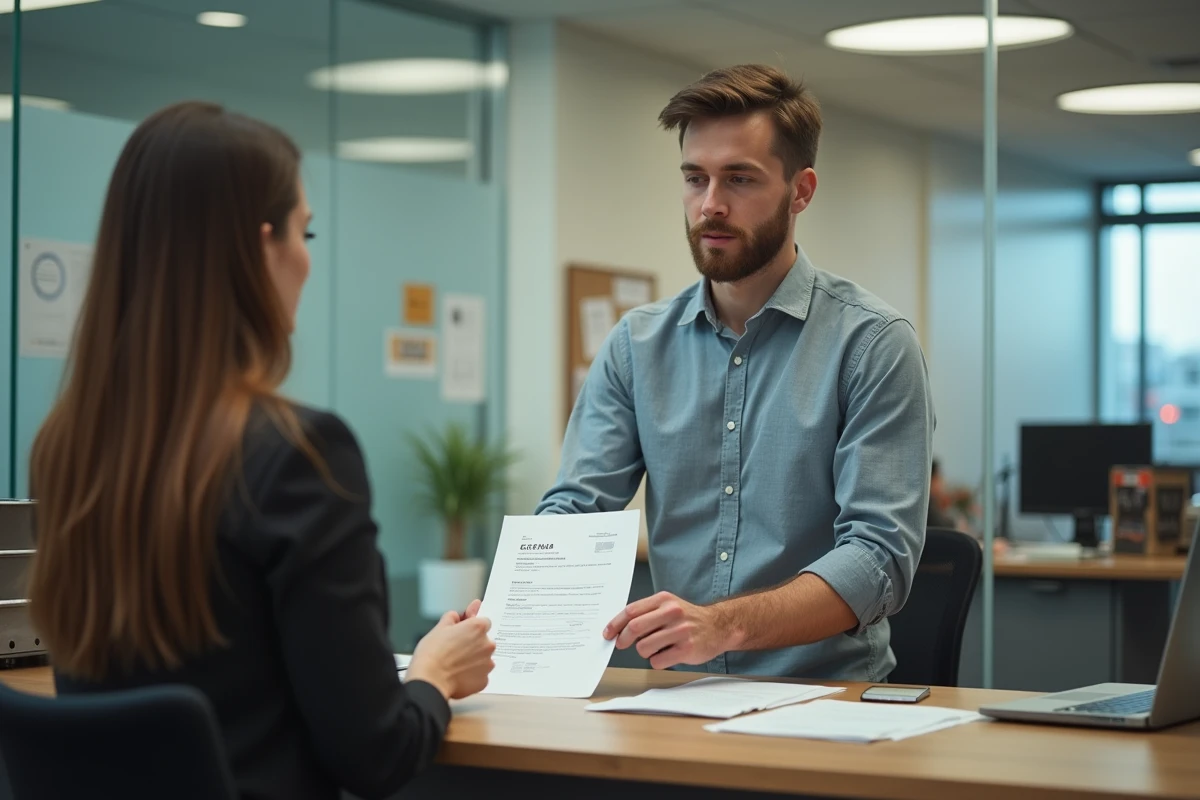 Jeune homme remettant un formulaire APL à un agent immobilier