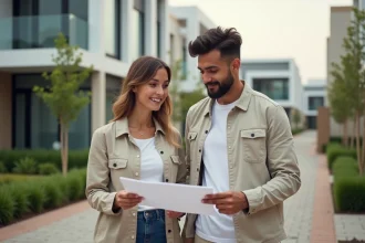 Jeune couple examinant des plans devant un immeuble résidentiel moderne, représentant les jeunes acheteurs attirés par les nouveaux logements contemporains