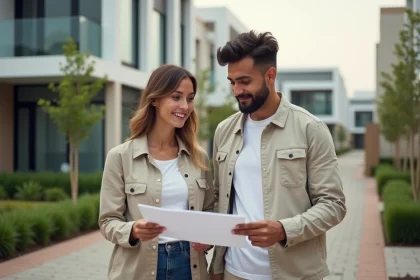 Jeune couple examinant des plans devant un immeuble résidentiel moderne, représentant les jeunes acheteurs attirés par les nouveaux logements contemporains