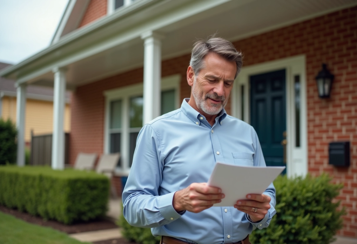 Homme lisant lettre devant maison en banlieue