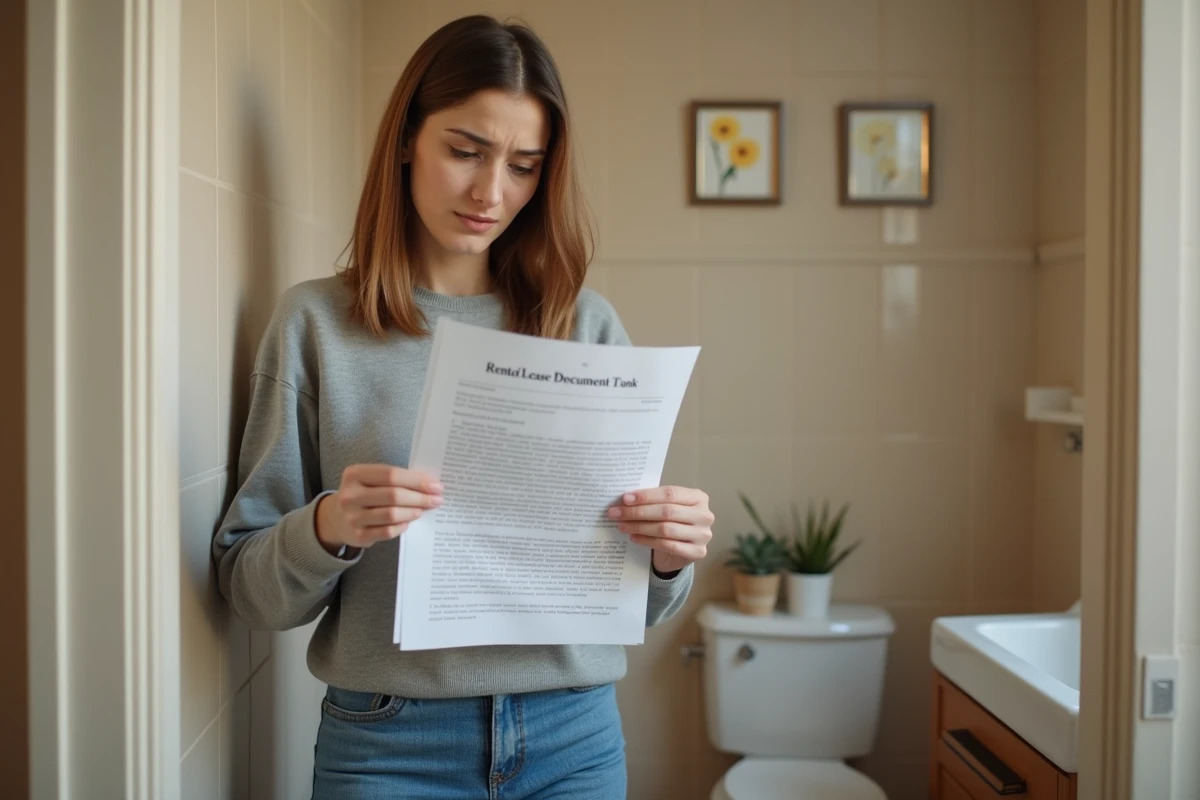 Locataire tenant un contrat de bail devant les toilettes en cas de panne du robinet flotteur