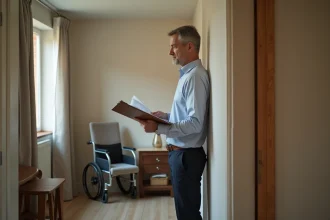 Homme d age moyen en tenue d affaires devant un appartement