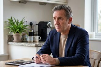 Homme d age en blazer bleu examine des documents dans un appartement