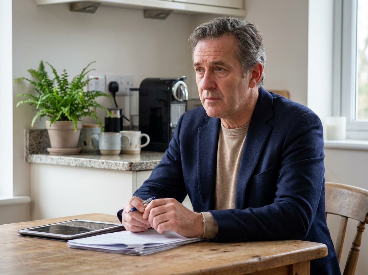 Homme d age en blazer bleu examine des documents dans un appartement