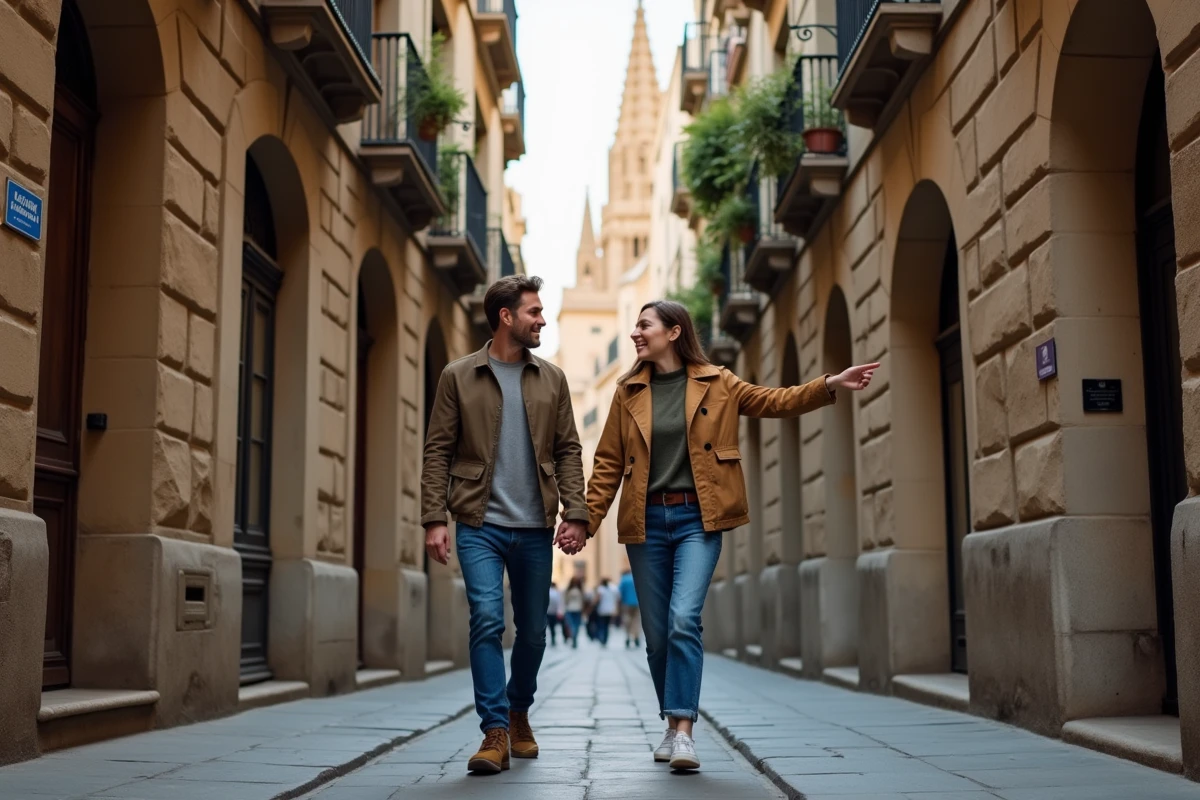 Couple cherchant un appartement à louer dans les ruelles du Quartier Gothique de Barcelone avec une annonce de location sur une façade en pierre