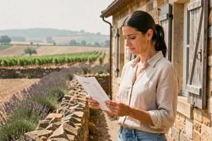 Femme examinant une annonce de location devant une maison en pierre en campagne audoise avec vignes en arrière-plan