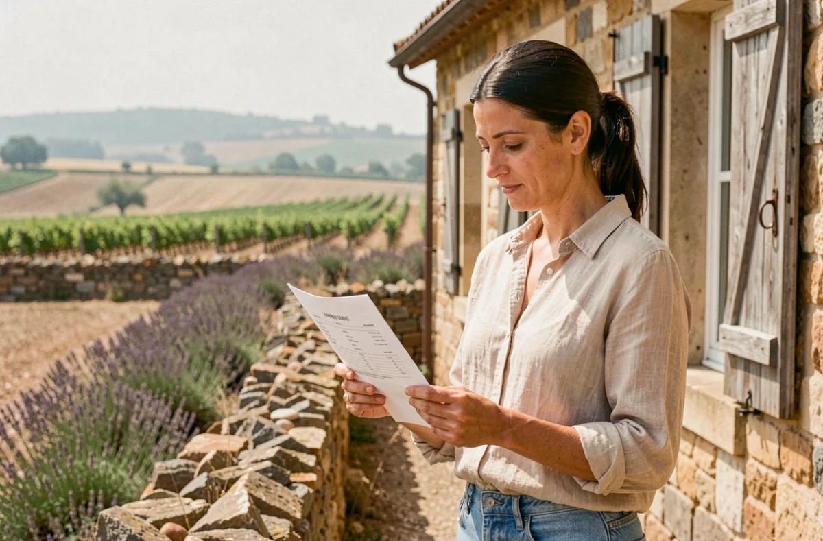Femme examinant une annonce de location devant une maison en pierre en campagne audoise avec vignes en arrière-plan