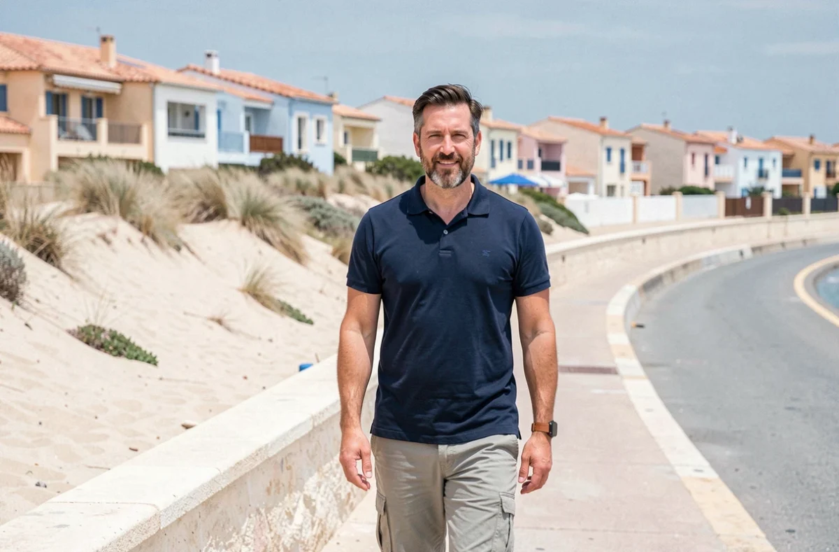 Homme cherchant une location sur smartphone le long du littoral méditerranéen dans l'Aude près de Narbonne-Plage