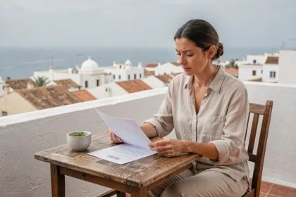 Femme expatriée signant un contrat de location longue durée sur une terrasse de riad à Essaouira avec vue sur la médina