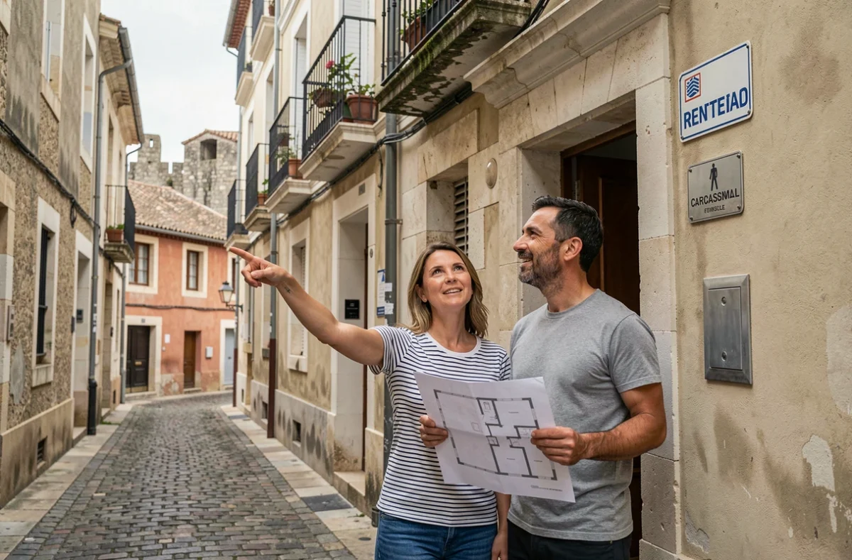 Couple consultant une annonce de location devant un immeuble de ville en pierre à Carcassonne dans l'Aude