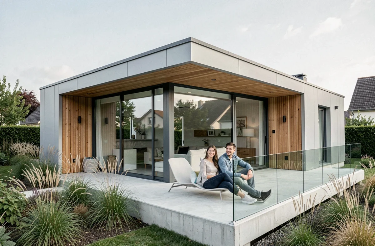 Maison contemporaine à toit plat et façade composite grise construite par Loonis Maisons en Alsace, avec couple sur terrasse béton
