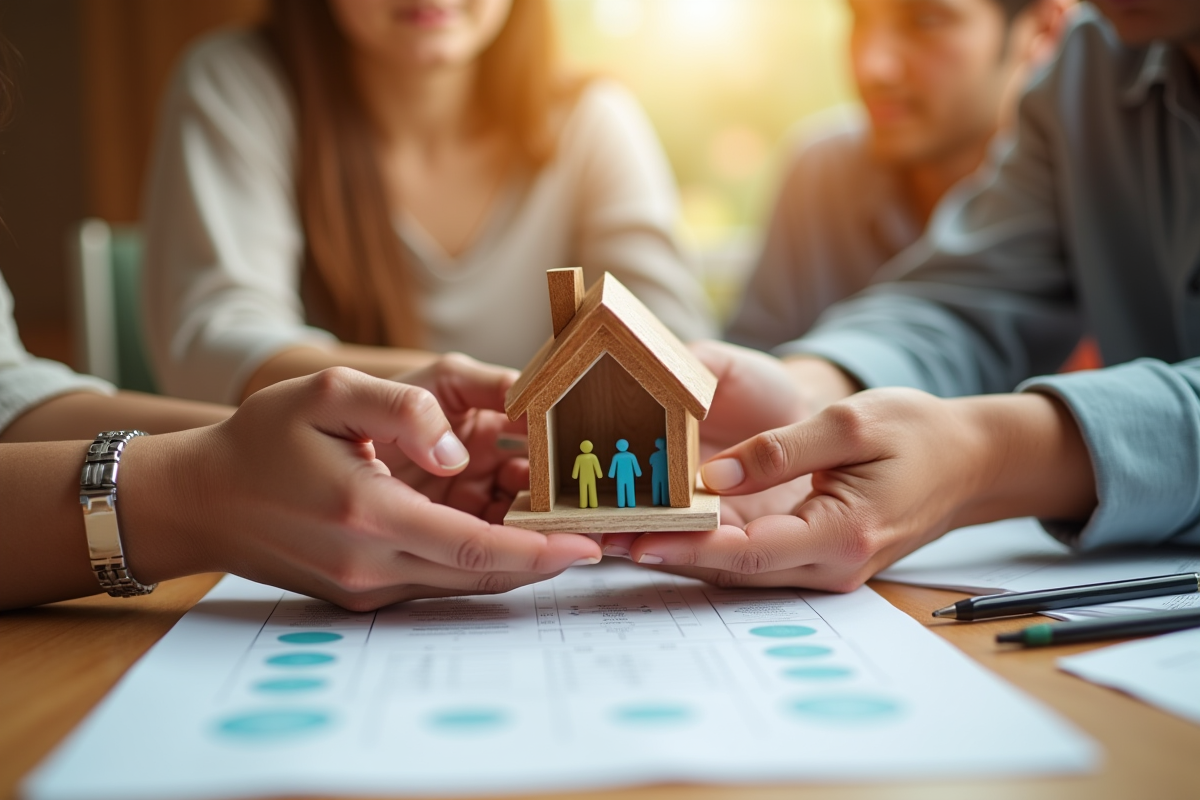Mains de différentes personnes soutenant un modèle de maison