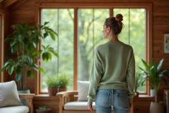Femme dans maison écologique en bois et nature