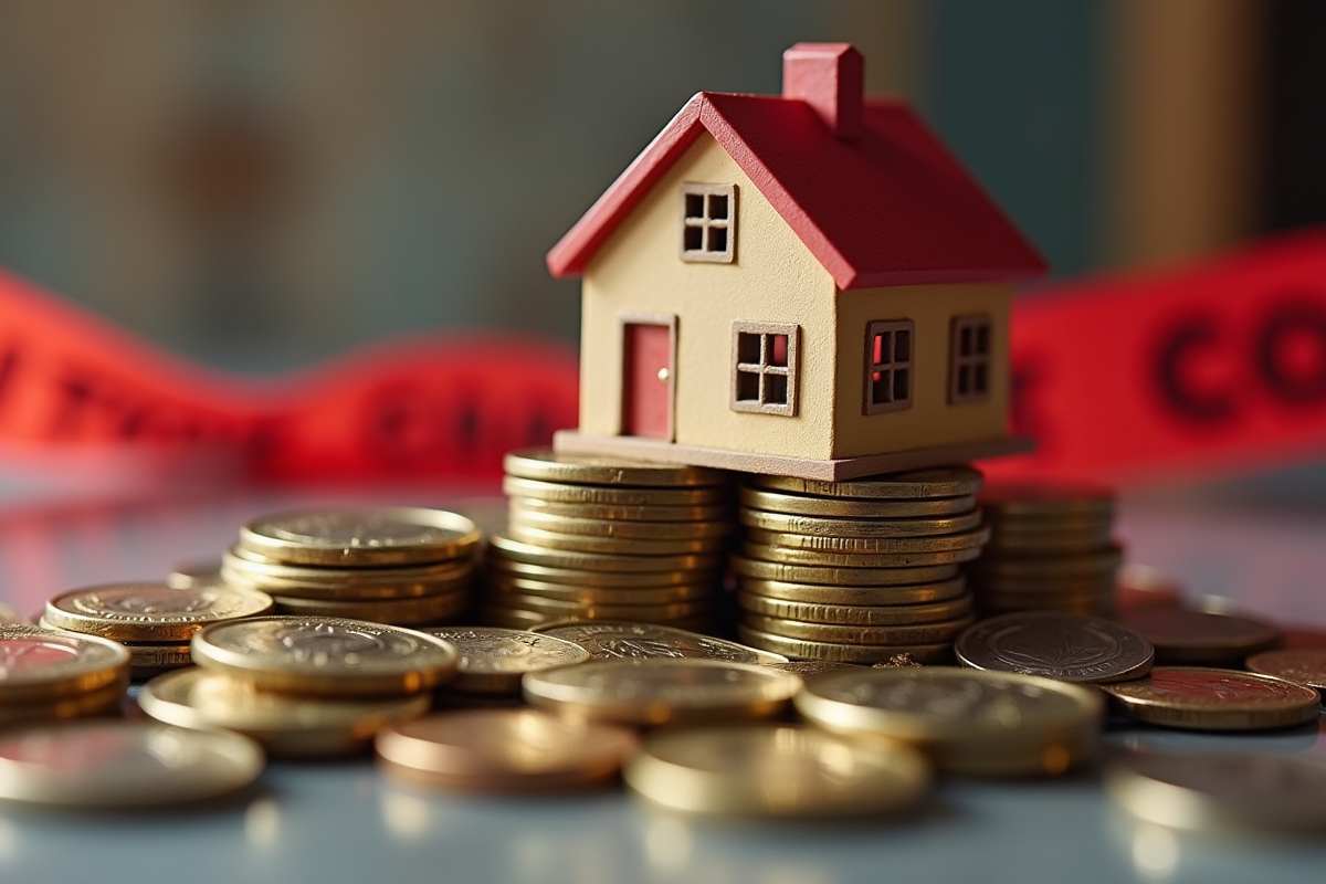 Modèle de maison sur des pièces avec panneaux d avertissement
