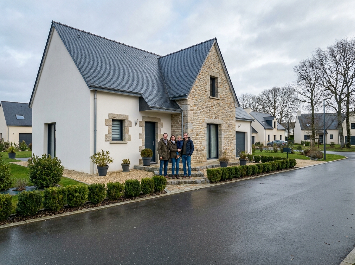 Maison individuelle neuve de style breton avec famille devant la façade en Ille-et-Vilaine